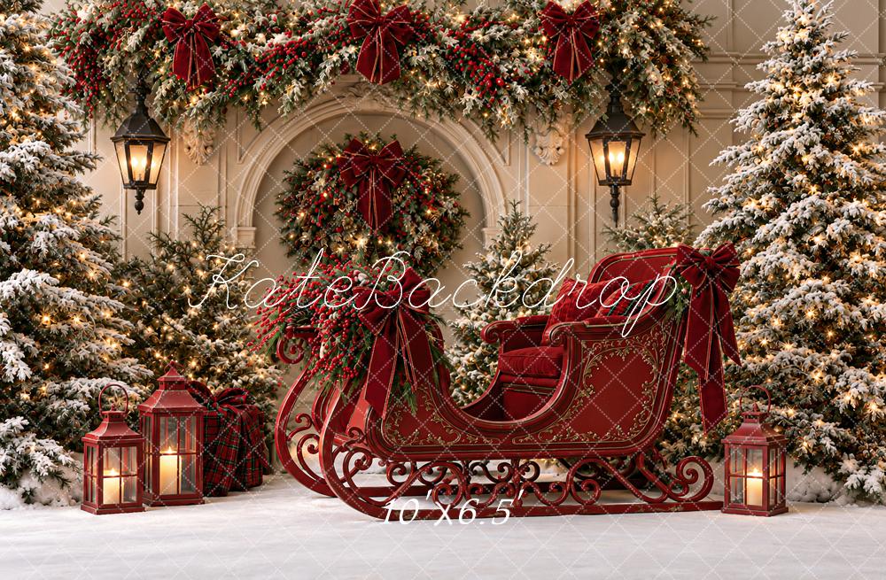 Kate Christmas Red Sleigh Snowy Trees Garland Arch Printed Backdrop Designed by Angela Miller