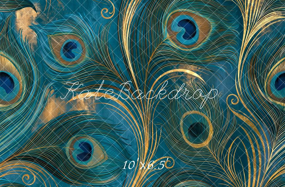 Kate Fine Art Teal Peacock Feather Gold Swirl Pattern Printed Backdrop Designed by Angela Miller