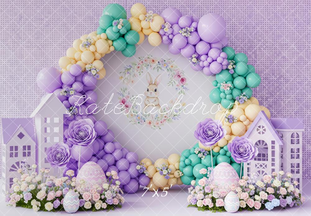 Kate Easter Bunny Balloon Arch Pastel Houses Printed Backdrop Designed by Patty Roberts