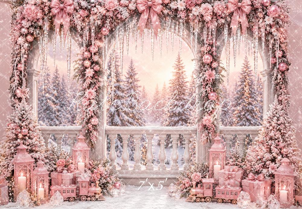 Kate Christmas Pink Flower Arch Terrace Snow Printed Backdrop Designed by Ashley Paul