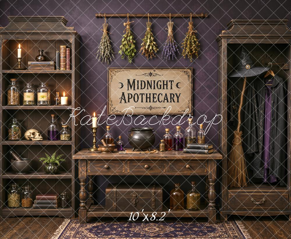 Kate Halloween Gothic Apothecary Cabinet Potion Bottles Printed Backdrop Designed by Emetselch