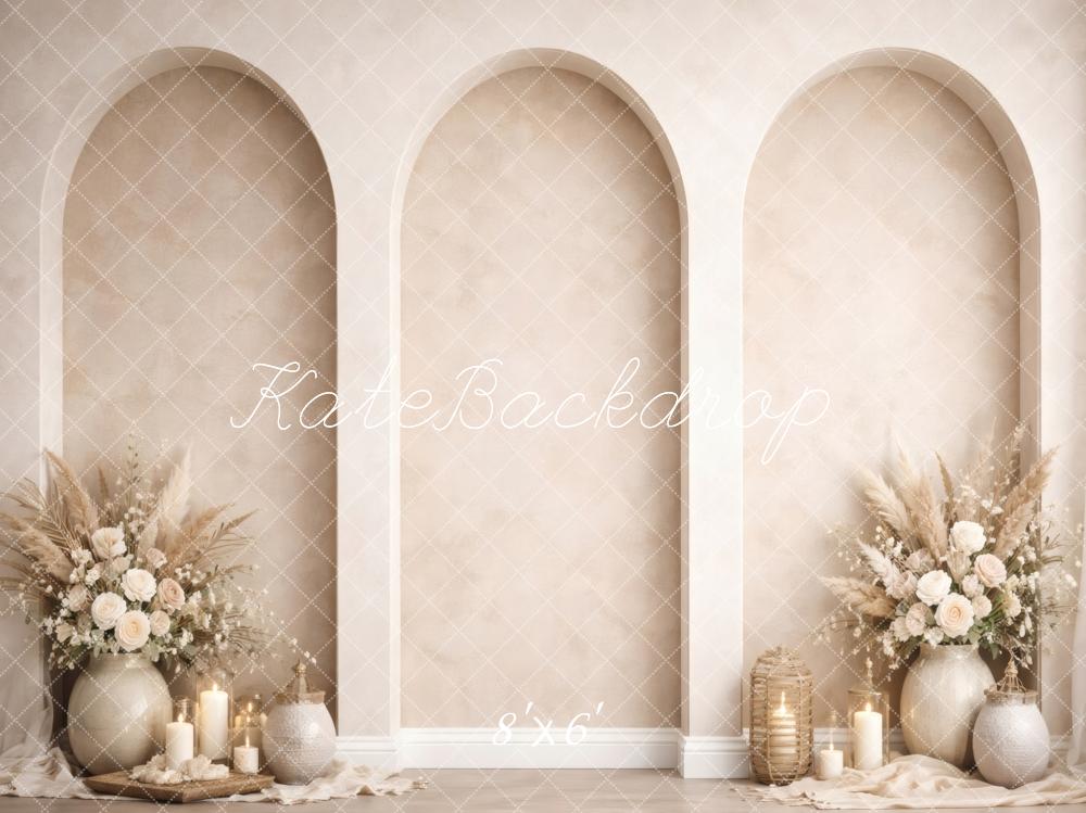 Kate Boho Arch Floral Arrangement Candles Beige Printed Backdrop Designed by Vertigo Productions