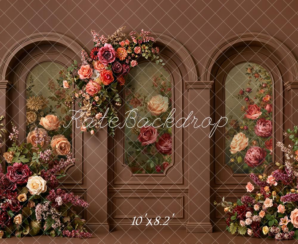Kate Vintage Flower Arch Brown Wall Floral Printed Backdrop Designed by Emetselch