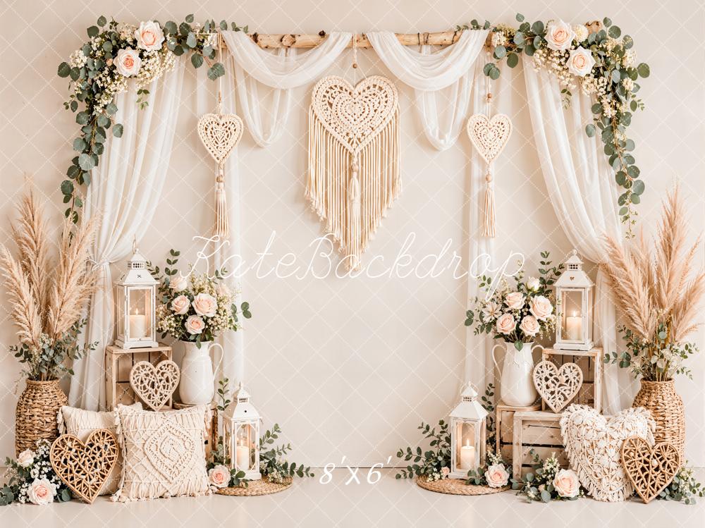 Kate Valentine's Day Boho Flower Arch Macrame Heart Sheer Drapes Printed Backdrop Designed by Emetselch