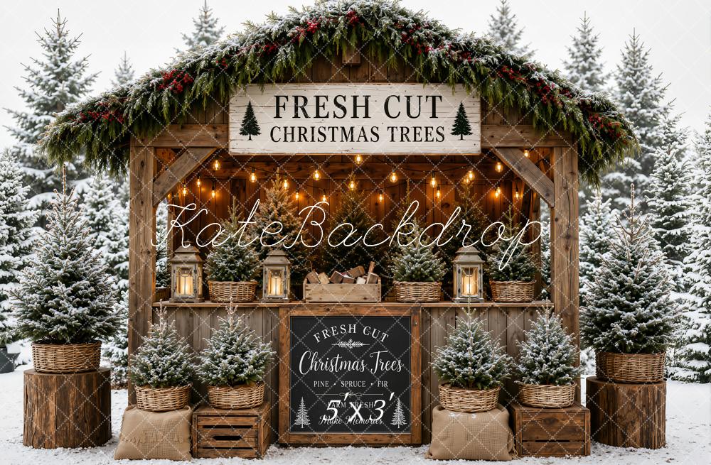 Kate Christmas Trees Wooden Booth Snowy Printed Backdrop Designed by Emetselch