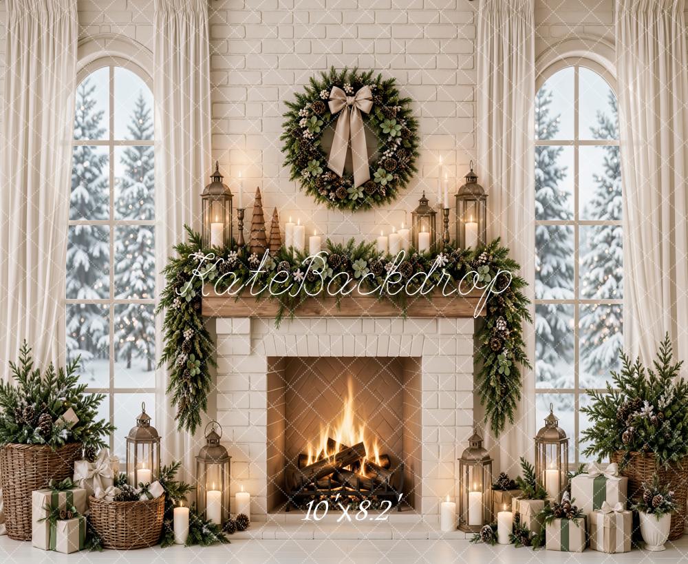 Kate Christmas White Brick Fireplace Wreath Arched Window Printed Backdrop Designed by Emetselch