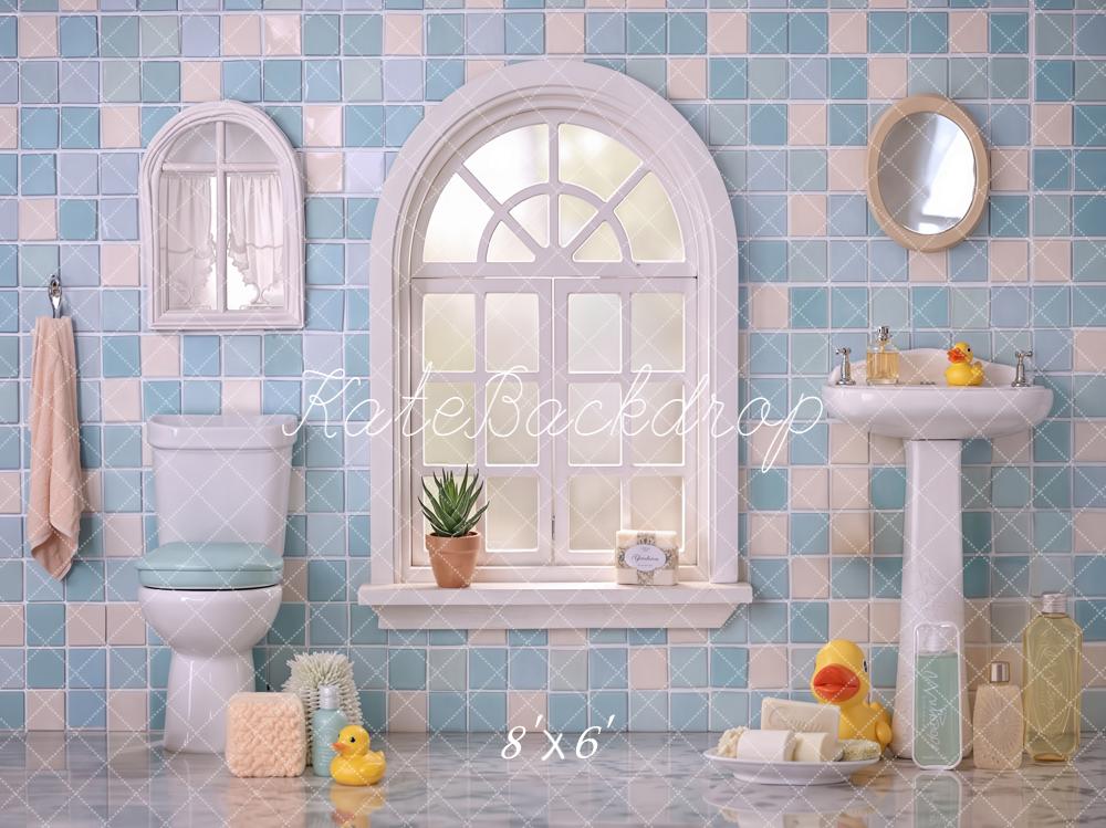 Kate Summer Blue Bathroom Tile Window Sink Toilet Rubber Duck Printed Backdrop Designed by Emetselch