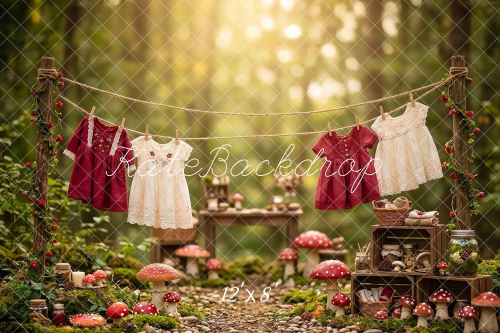 Kate Forest Clothesline Mushrooms Picnic Dress Printed Backdrop Designed by Patty Roberts