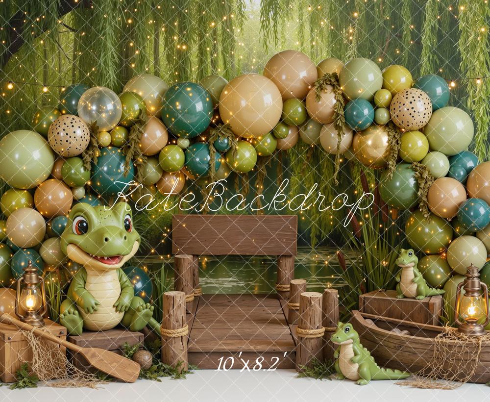 Kate Cake Smash Jungle Gator Dock Balloon Arch Printed Backdrop Designed by Mini MakeBelieve