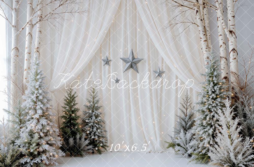 Kate Christmas Simple Curtains Winter White Birch Trees Printed Backdrop Designed by Mini MakeBelieve
