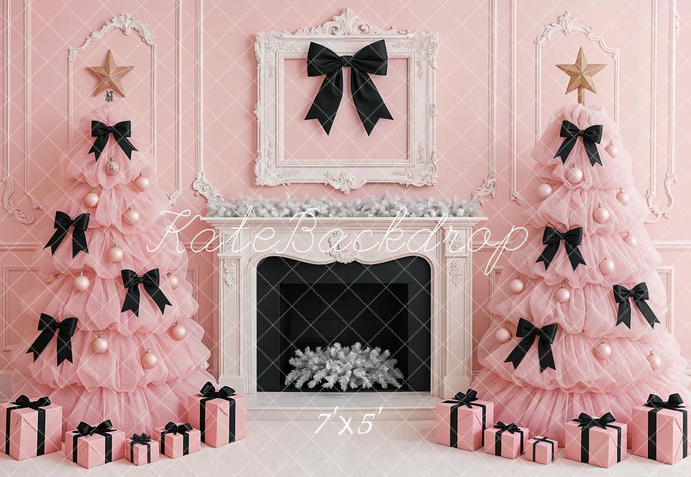 Kate Christmas Trees Tulle Pink Black Bows Fireplace Gifts Backdrop Designed by Ashley Paul