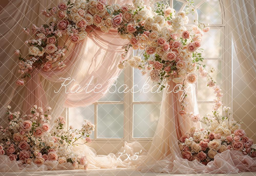 Kate Spring Flower Arch Blush Roses Drapes Window Printed Backdrop Designed by Emetselch