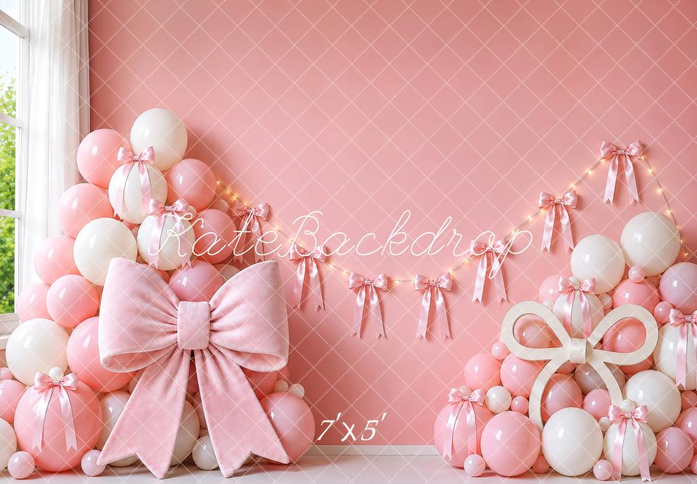 Kate Cake Smash Pink Bow Balloon Garland Printed Backdrop Designed by Shutter Swan Studios