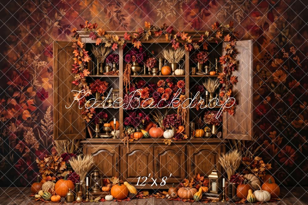 Kate Fall Brown Pumpkin Harvest Cabinet Printed Backdrop Designed by Patty Roberts