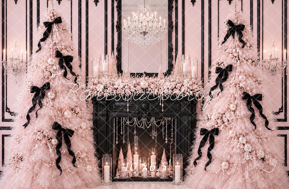 Kate Pink Fluffy Tulle Christmas Trees Black Fireplace Chandelier Printed Backdrop Designed by Ashley Paul