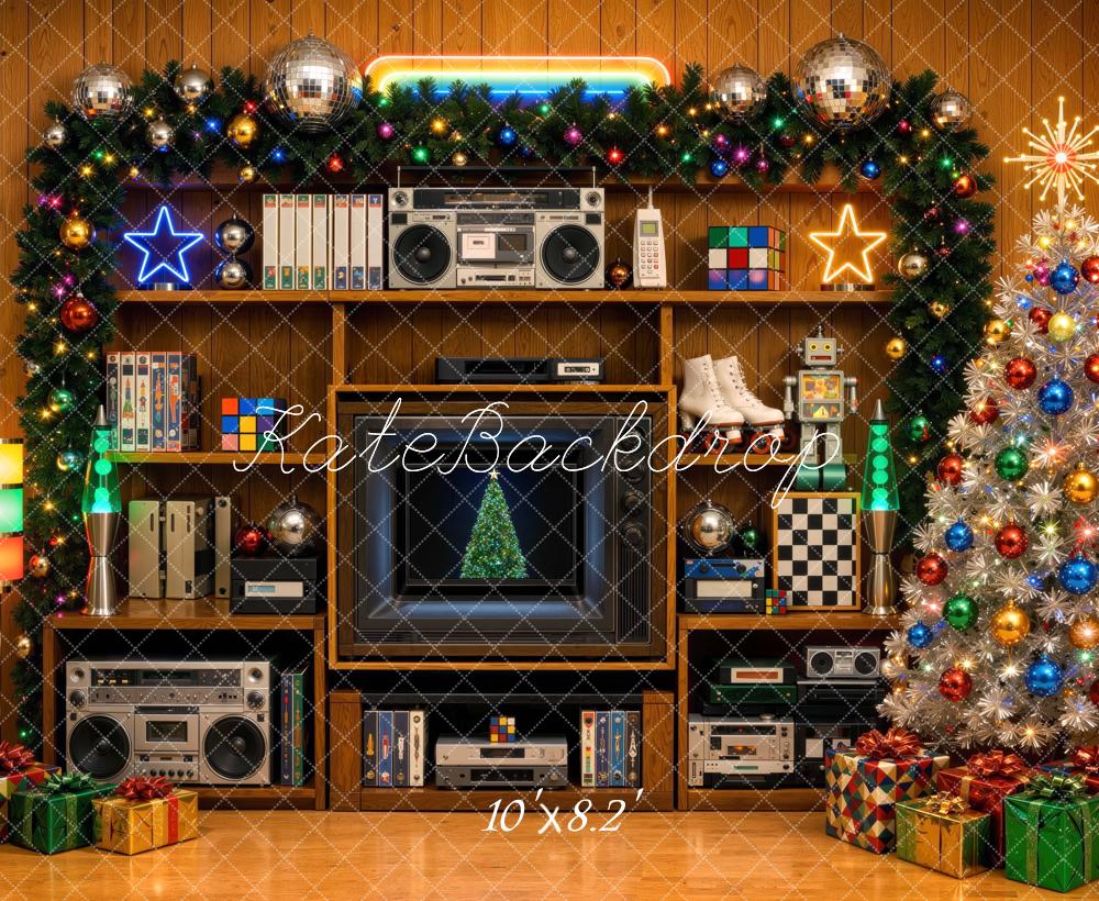 Kate Christmas Retro 80s Wall Shelf Christmas Tree Disco Ball Printed Backdrop Designed by Mini MakeBelieve