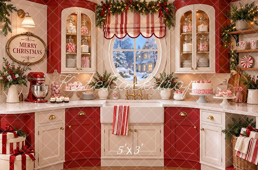 Kate Christmas Kitchen Red Candy Cane Peppermint Window Printed Backdrop Designed by Shutter Swan Studios