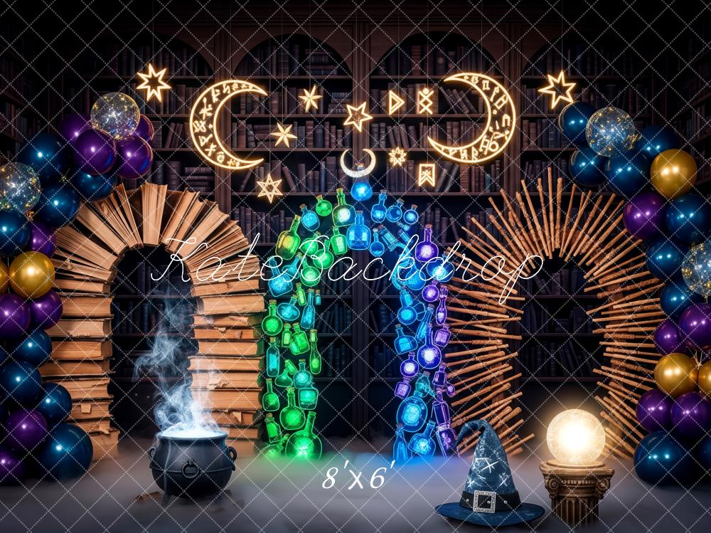 Kate Halloween Magic Library Book Arch Potion Balloon Cauldron Backdrop Designed by Patty Roberts