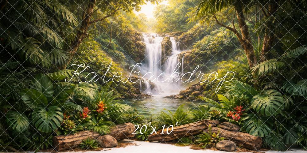 Kate Jungle Waterfall Logs Tropical Plants Printed Backdrop Designed by Megan Leigh Photography