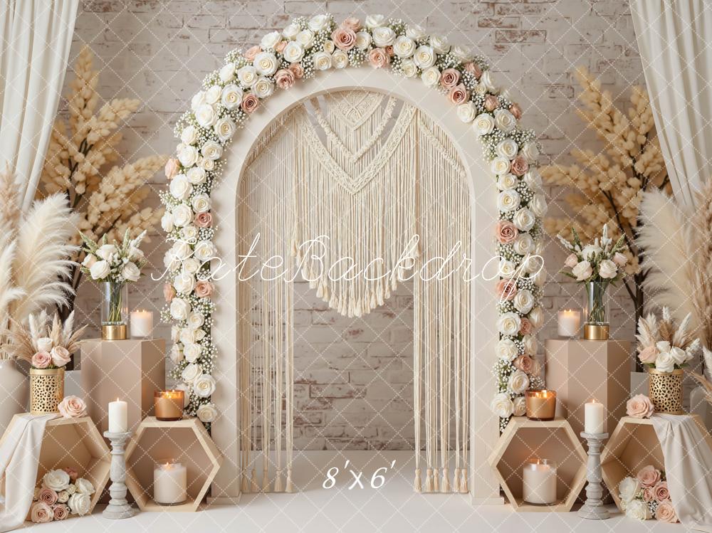 Kate Flower Arch Boho Macrame Candles Pampas Grass Backdrop Designed by Mini MakeBelieve