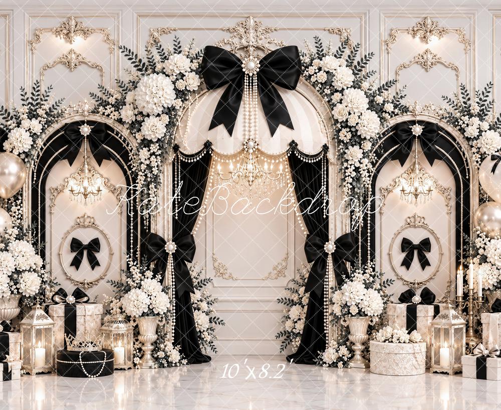 Kate Elegant Black Bow Flower Arch White Vintage Wall Printed Backdrop Designed by Ashley Paul