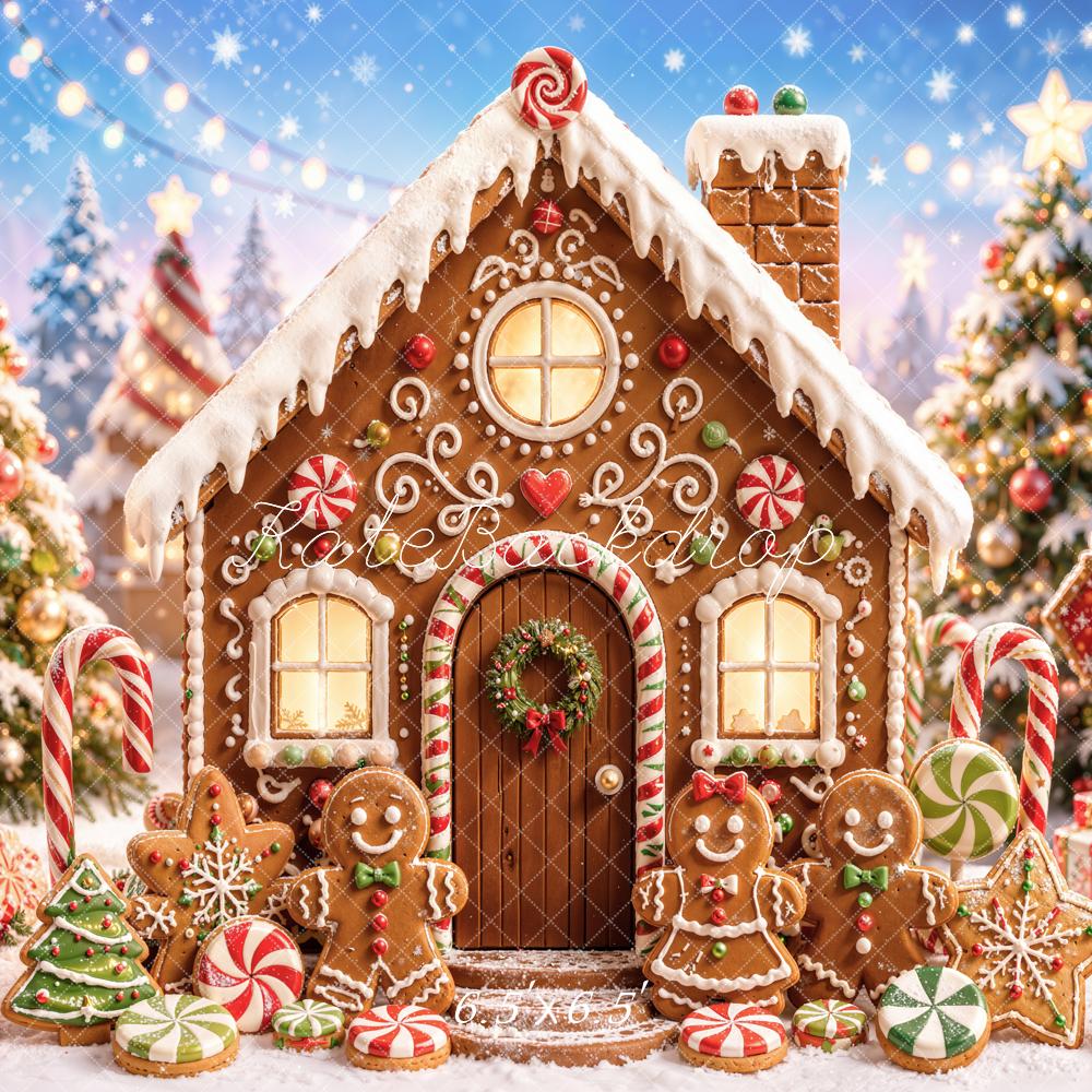 Kate Christmas Gingerbread House Candy Cane Snowman Printed Backdrop Designed by Chain Photography