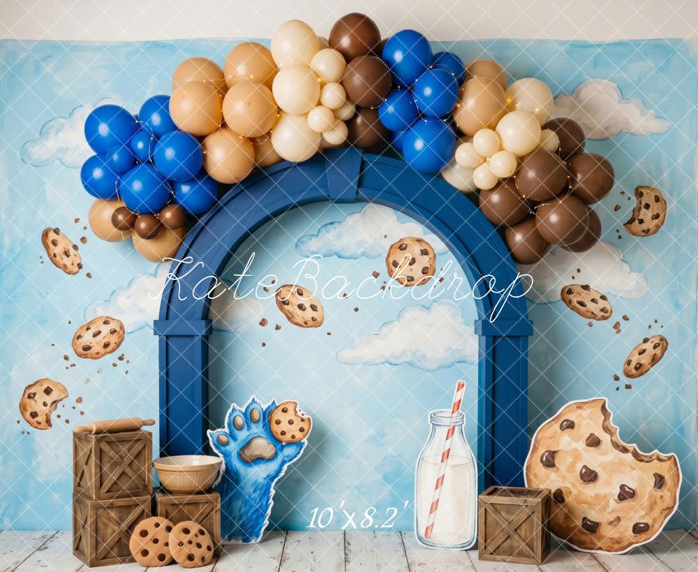 Kate Cake Smash Blue Cookie Character Milk Balloon Arch Printed Backdrop Designed by Patty Roberts