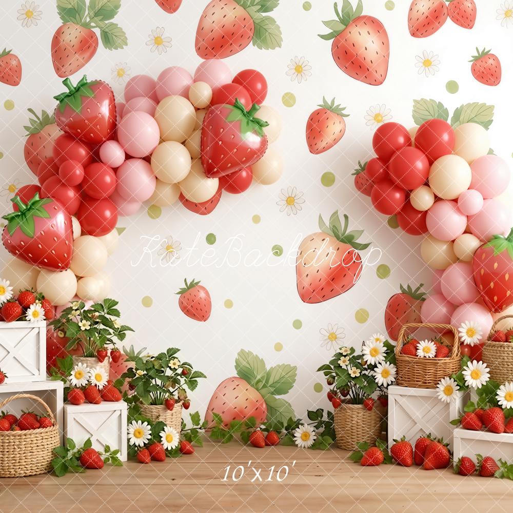 Kate Summer Strawberry Balloon Arch Daisy Basket Printed Backdrop Designed by Emetselch