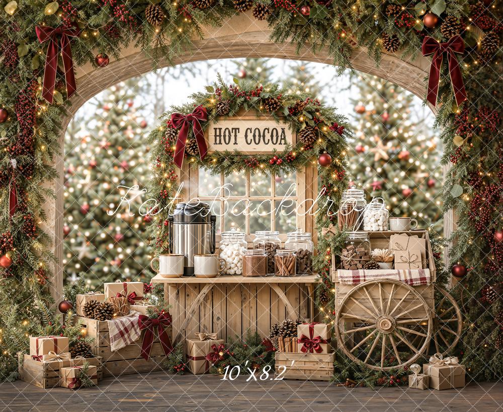 Kate Christmas Hot Cocoa Stand Wood Cart Pine Arch Printed Backdrop Designed by Emetselch