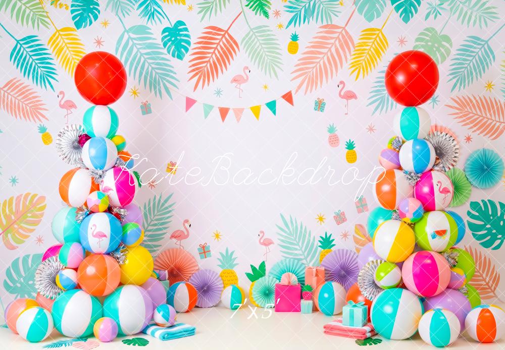Kate Christmas Summer Beach Ball Tree Tropical Flamingo Printed Backdrop Designed by Patty Roberts