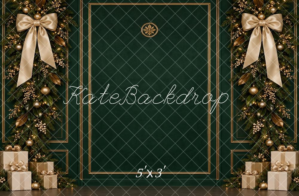 Kate Christmas Green Gold Garland Bows Gifts Printed Backdrop Designed by Vertigo Productions