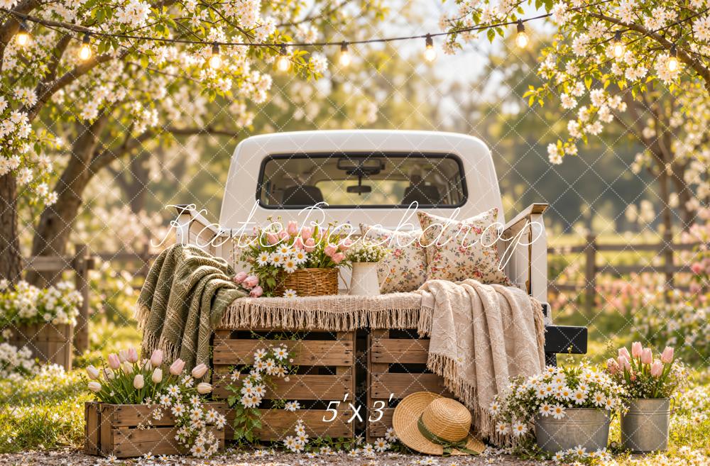 Kate Spring Vintage Truck Floral Blanket Rustic Outdoor Printed Backdrop Designed by Emetselch