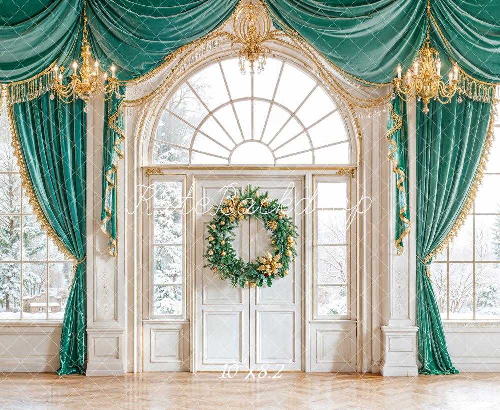 Kate Christmas Vintage Green Curtains Chandelier Wreath Backdrop Designed by Emetselch