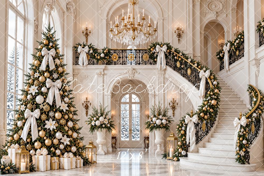 Kate Christmas Tree White Bow Grand Staircase Luxury Mansion Printed Backdrop Designed by Emetselch