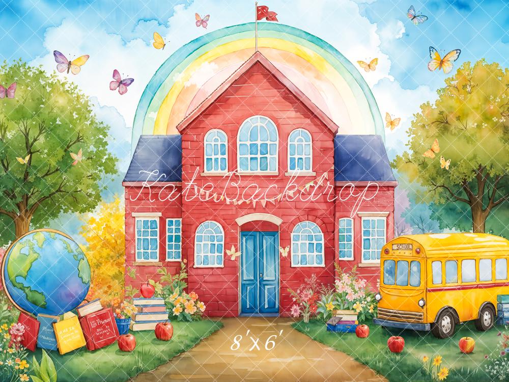 Camino de Regreso a la Escuela Autobús Escolar Rojo Fondo de Arcoíris Designed by Emetselch