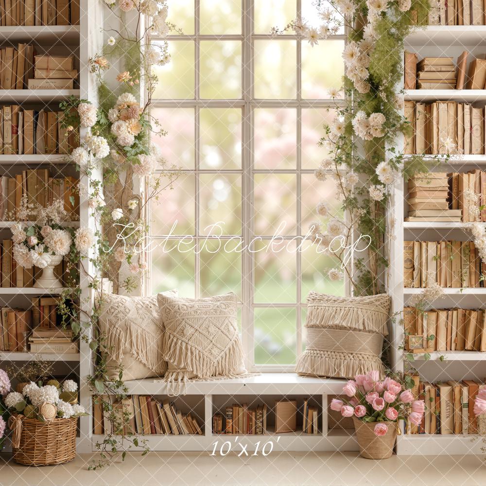 Kate Spring Bookshelf Window Seat Flowers Pillows Backdrop Designed by Emetselch