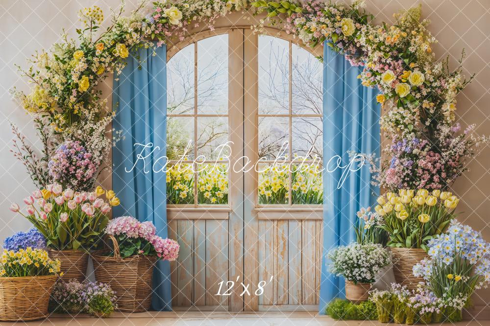 Kate Spring Flower Arch Window Blue Curtain Baskets Backdrop Designed by Emetselch