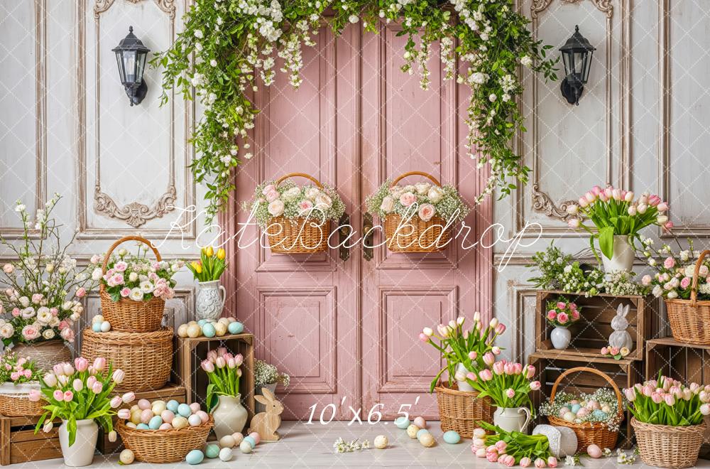 Kate Easter Basket Pastel Eggs Pink Door Flowers Printed Backdrop Designed by Patty Roberts