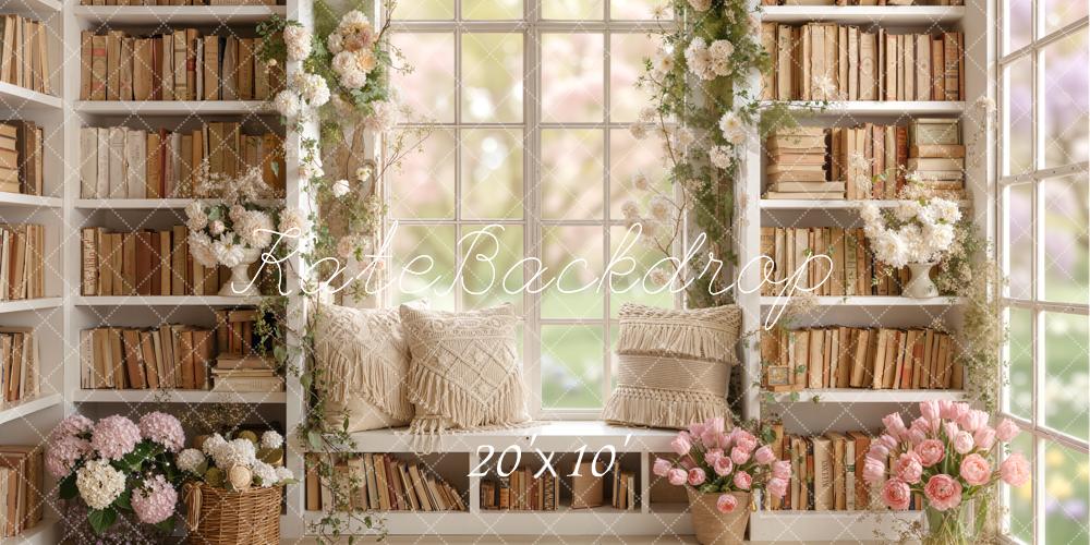 Kate Spring Bookshelf Window Seat Flowers Pillows Backdrop Designed by Emetselch
