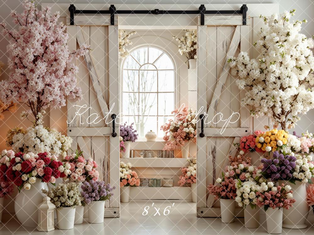 Kate Spring Barn Door Flower Arch Window Blossoms Backdrop Designed by Mini MakeBelieve