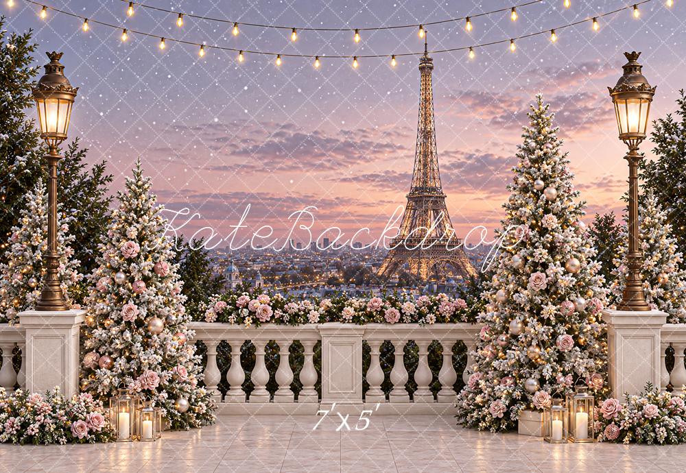 Kate Christmas Tree Eiffel Tower City Balcony Floral Lantern Printed Backdrop Designed by Angela Miller