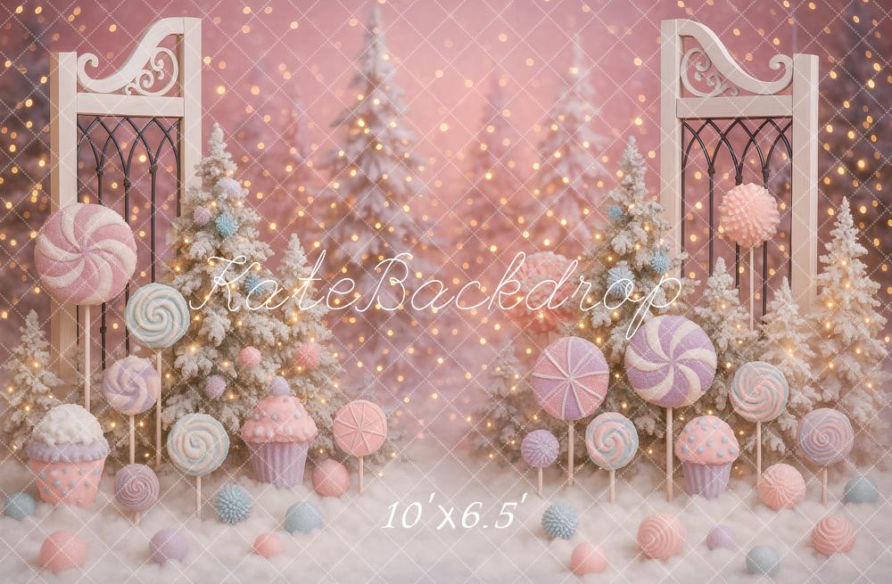 Kate Christmas Lollipops Candy Gate Pastel Trees Backdrop Designed by Ashley Paul