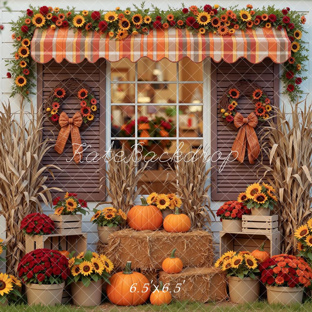 Kate Fall Cottage Pumpkins Sunflowers Hay Bales Window Printed Backdrop Designed by Mini MakeBelieve