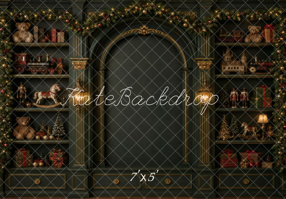 Kate Christmas Green Arch Garland Toy Shelves Printed Backdrop Designed by Vertigo Productions