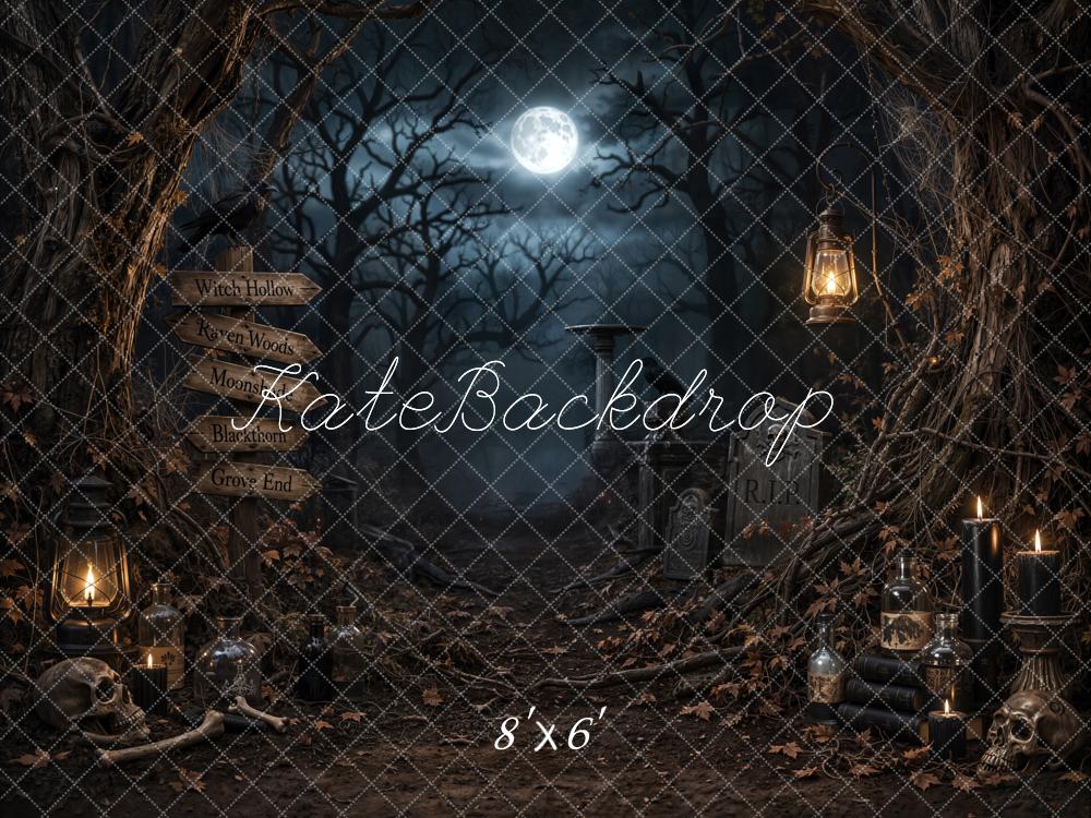 Kate Halloween Dark Forest Moon Graveyard Printed Backdrop Designed by Emetselch