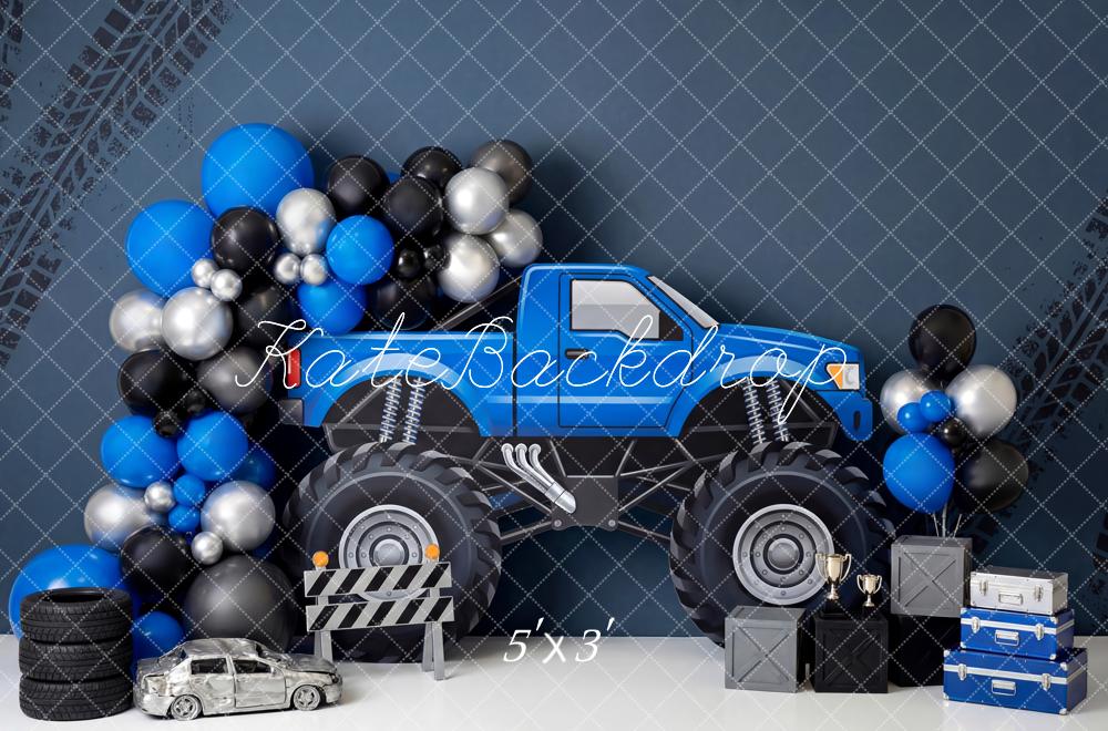 Kate Cake Smash Truck Blue Balloons Tire Tracks Printed Backdrop Designed by Patty Roberts