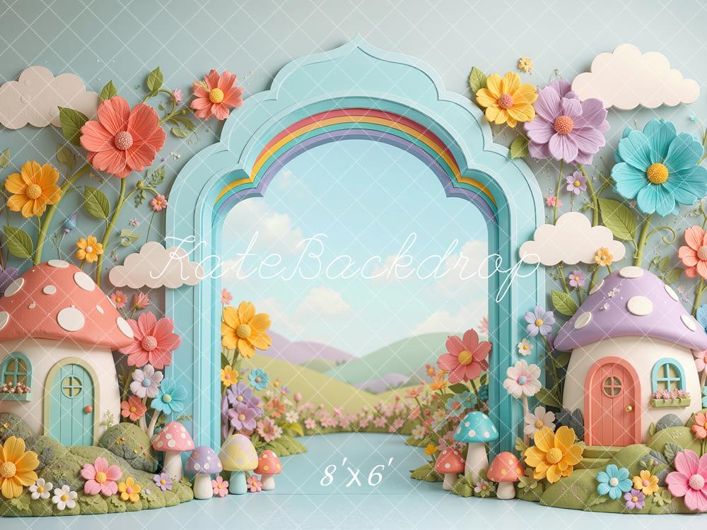 Kate Cake Smash Mushroom Houses Arch Flowers Rainbow Printed Backdrop Designed by Shutter Swan Studios
