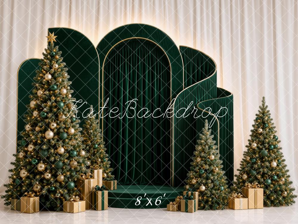 Kate Christmas Green Arch Panel Christmas Trees Gifts Printed Backdrop Designed by Ashley Ward