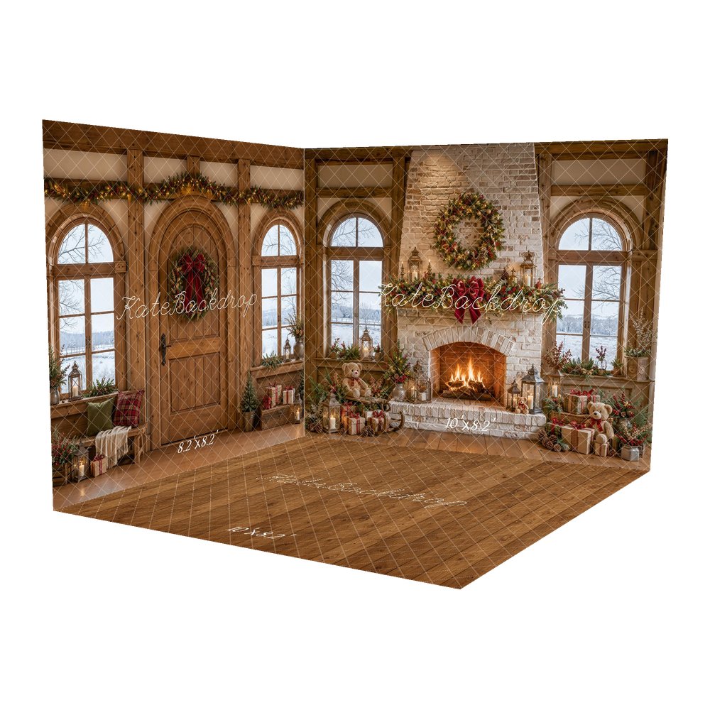 Kate Christmas Fireplace Stone Garland Wreath Teddy Bear Gifts Printed Backdrop Room Set