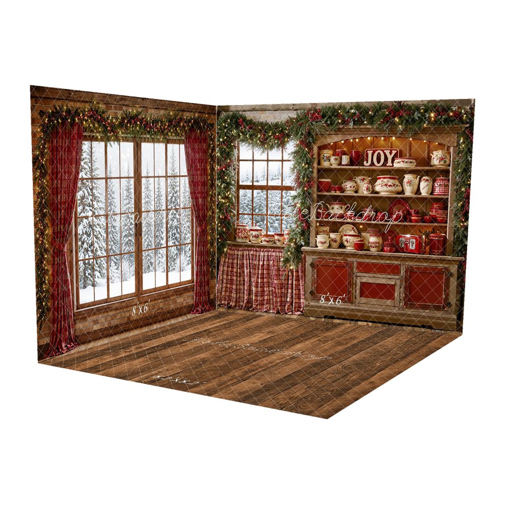 Kate Christmas Kitchen Cabinet Window Red Plaid Garland Printed Backdrop Room Set
